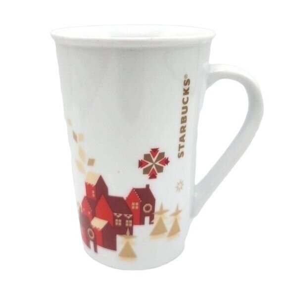 Starbucks Snowflakes Holiday Mug White 12oz 4.75" Red Houses Trees Christmas - Picture 1 of 10